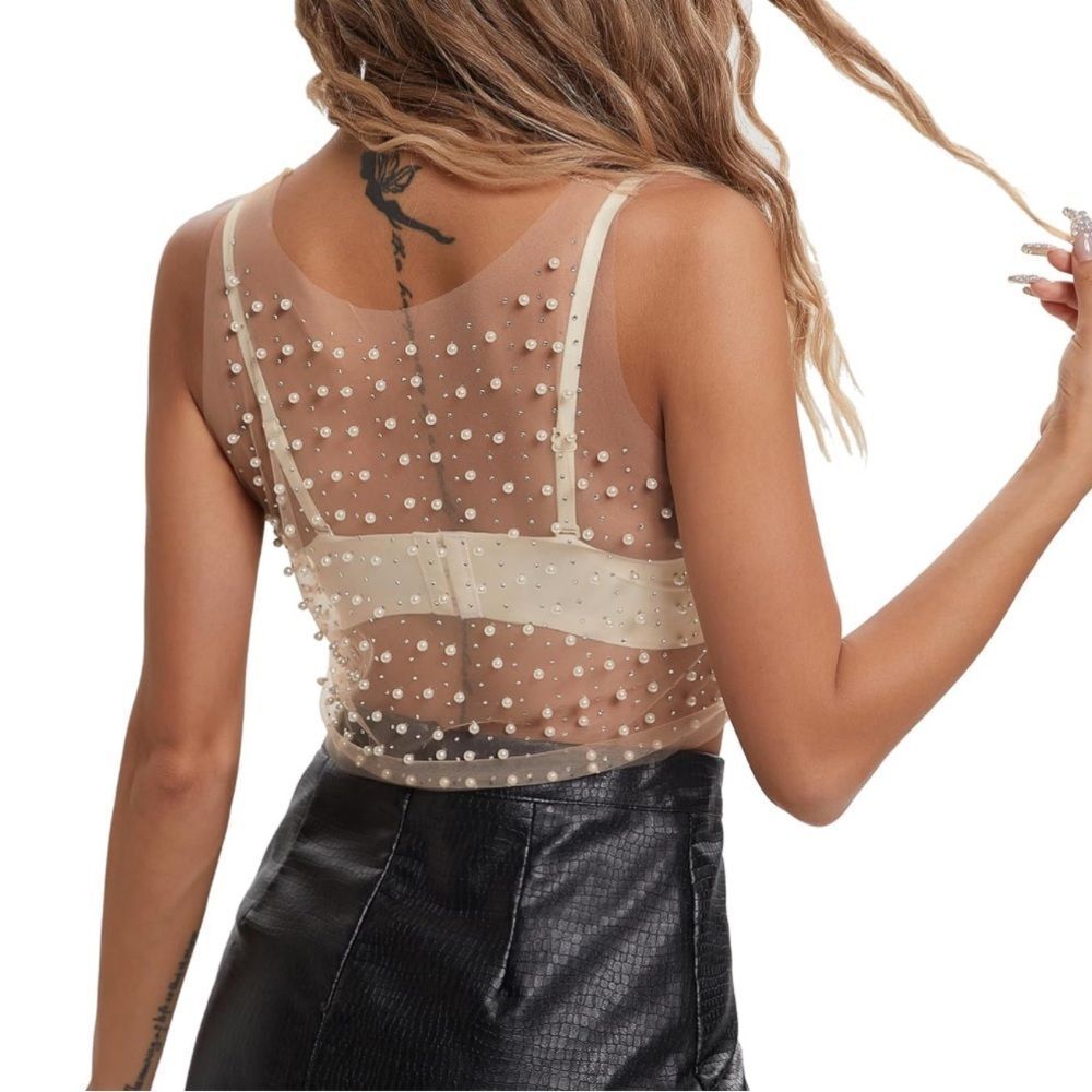 NWT Pearl Top for Women Rhinestone Top Mesh Sheer Shirt Sequin Top Nude